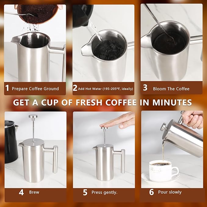 12 OZ French Press Coffee Maker, Sturdy Insulated Full Stainless Steel Coffee Press, Mini Small Camping French Presses Maker, 1-2 Cup Teapot for Kitchen Travel Elegant Silver 350ml