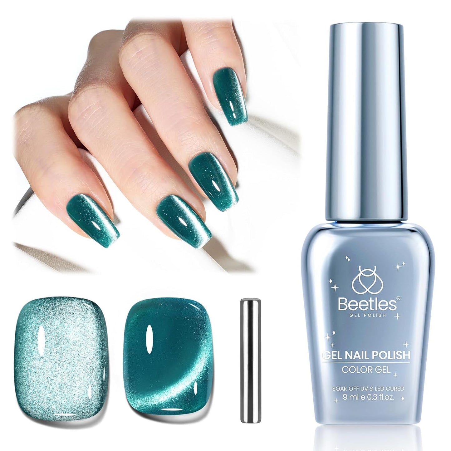 Beetles Green Cat Eye Gel Nail Polish, 9ml Glitter Gel Polish with Magnet Shimmer Green Velvet Soak Off UV LED Nail Lamp Nail Art DIY Home Manicure Design Gift for Women-BrightBean Baby