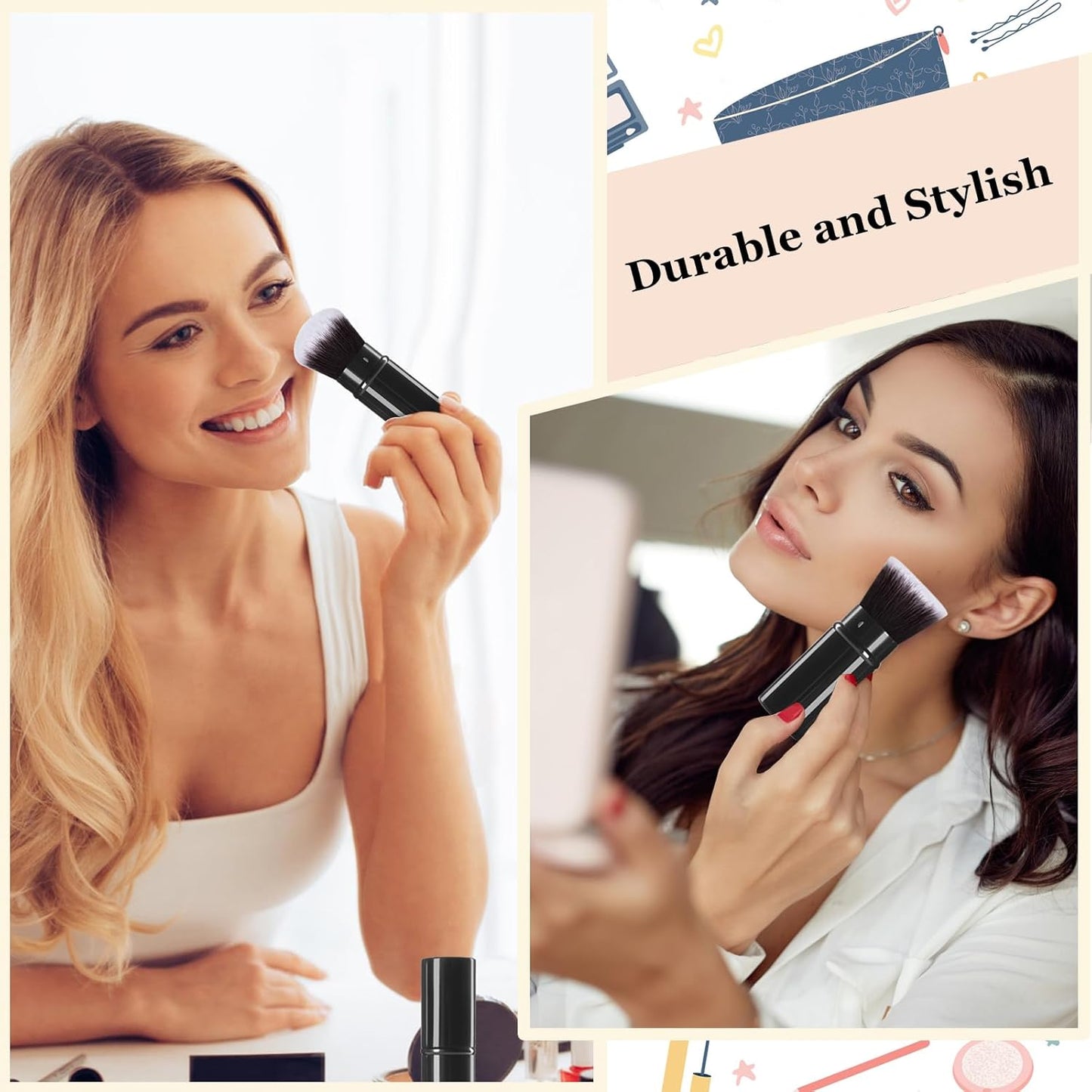 Retractable Makeup Brush 2 Pack, Travel Kabuki Powder Foundation Makeup Brush Face Blush Brushes for Blending Liquid, Blush, Bronzer, Buffing, Sunscreen,Flawless Cosmetics-BrightBean Baby