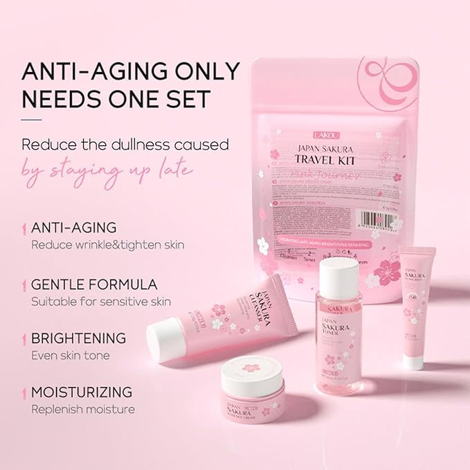 Sakura Travel Skincare Set for Teenage Girls - Face Routine Set for Women,4 Piece Gentle Skin Cleaning & Care Travel Size Kit With Cleanser, Toner, sunscreen and Face Cream-BrightBean Baby