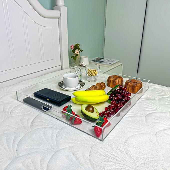 Clear Rectangular 18x20 Inches Acrylic Ottoman Tray Decorative Serving Tray with Cutout Handles Organizer Tray on Coffee Table Countertop Big Breakfast Bed Tray Living Room Appetizer Serving Food