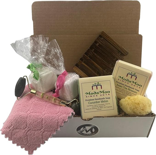 ModaMoo's Day Spa Gift Box Set. Cucumber Melon and Asian Tea Blossom Soaps, Jade Roller, Sea Sponge, and More-BrightBean Baby