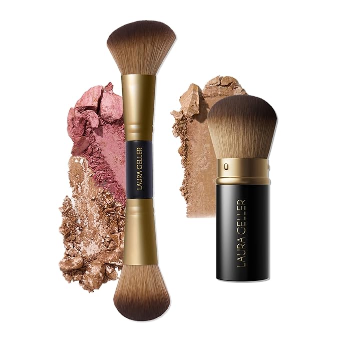 LAURA GELLER NEW YORK Face It All 2pc Makeup Brush Set - Retractable Airbrush Kabuki Brush + Dual-Ended Blush and Bronzer Brush-BrightBean Baby