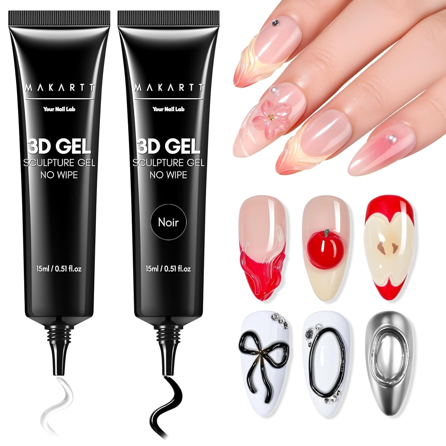 Makartt 3D Gel Nail Art Set – Clear & Noir Sculpting Gel for DIY Embossed Nail Designs – No Wipe Easy-Squeeze Tube Nail Glue for 3D Drawing, Molding, Rhinestones & Decoration (2 x 15g)-BrightBean Baby