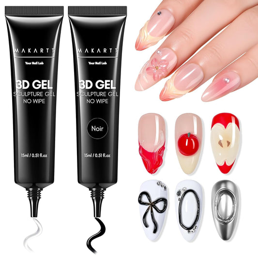 Makartt 3D Gel Nail Art Set – Clear & Noir Sculpting Gel for DIY Embossed Nail Designs – No Wipe Easy-Squeeze Tube Nail Glue for 3D Drawing, Molding, Rhinestones & Decoration (2 x 15g)-BrightBean Baby
