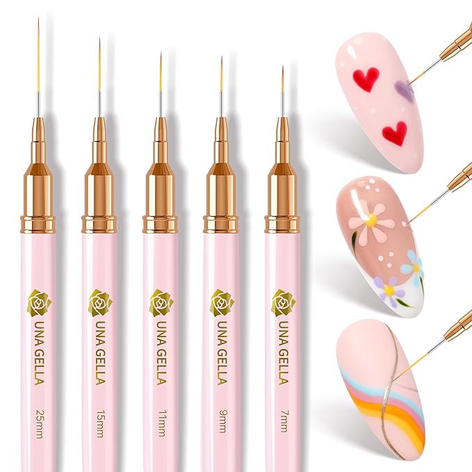 UNA GELLA Nail Art Brushes Metallic, 5 Count Liner Pens Set For Nail Art Gel Polish, Detail Nail Art Design Painting Brush Set For Nails Gel Fine Drawing Nail Tools, Sizes 7/9/11/15/25mm-BrightBean Baby