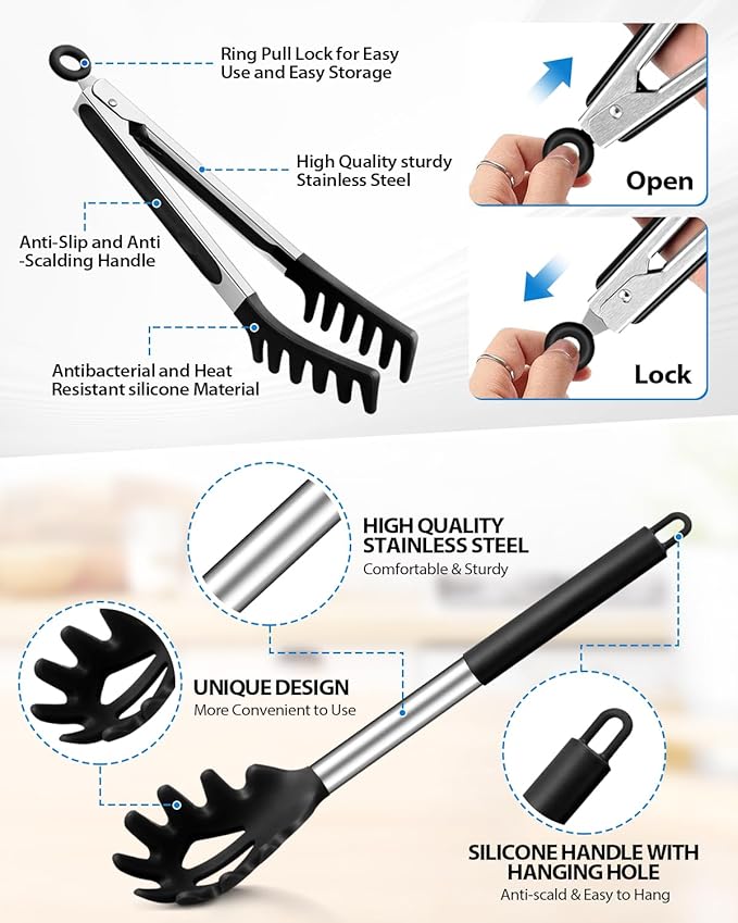 Spaghetti Spoon and Pasta Tong, Non-stick Silicone Spoon Server Fork with teeth and Stainless Steel Handle Spaghetti Tong, Food Clip for Spaghetti Noodle (BLACK)