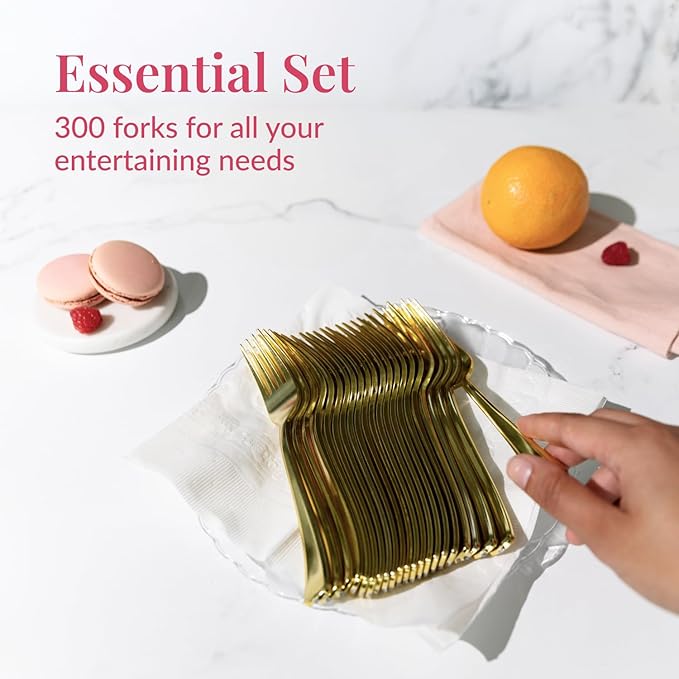 Prestee Set of 300 Gold Plastic Forks Disposable - 7-in Heavy-Duty Fork Flatware - Bulk Pack Fancy Silverware - Sturdy Elegant Cutlery for Weddings, Birthday Parties, Buffets, Catering, and Events
