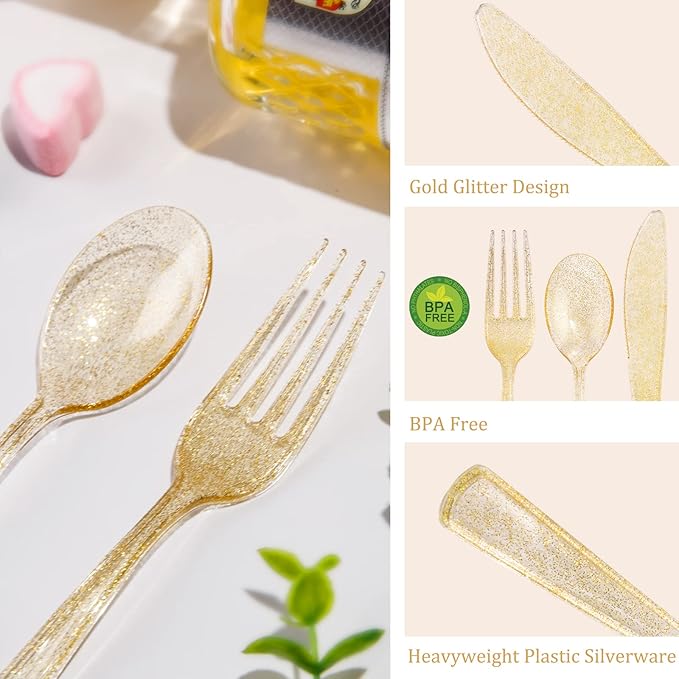 Supernal 300pcs Gold Glitter Plastic Cutlery Disposable Utensils Gold Plastic Silverware Sets Include 100 Forks, 100 Spoons & 100 Knives Serves for 100 Guests Suitable for Party,Thanksgiving