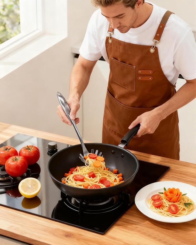 Spaghetti Spoon and Pasta Tong with Grip Teeth and Drain Holes, 2-Piece Large Spaghetti Utensil, Comfortable Grip Design for Cooking, Serving, Salad and Noodles, Stainless Steel