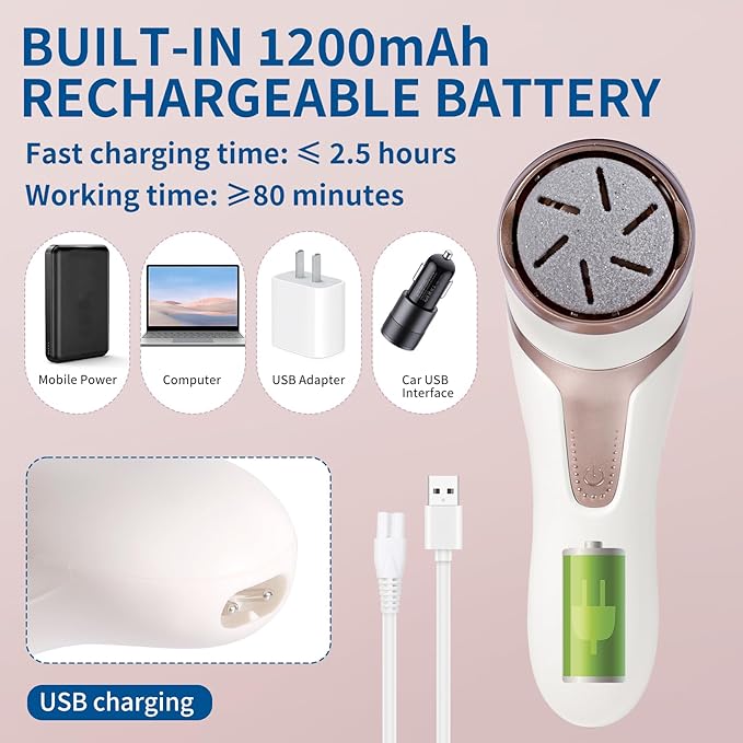 Electric Foot Callus Remover with Dander Vacuum, Rechargeable Waterproof Professional Portable Pedicure Tool, 3 Roller & 2 Speeds Electric Foot File Kit for Care of Dead Skin,Chapped,Callus,Cracks-BrightBean Baby