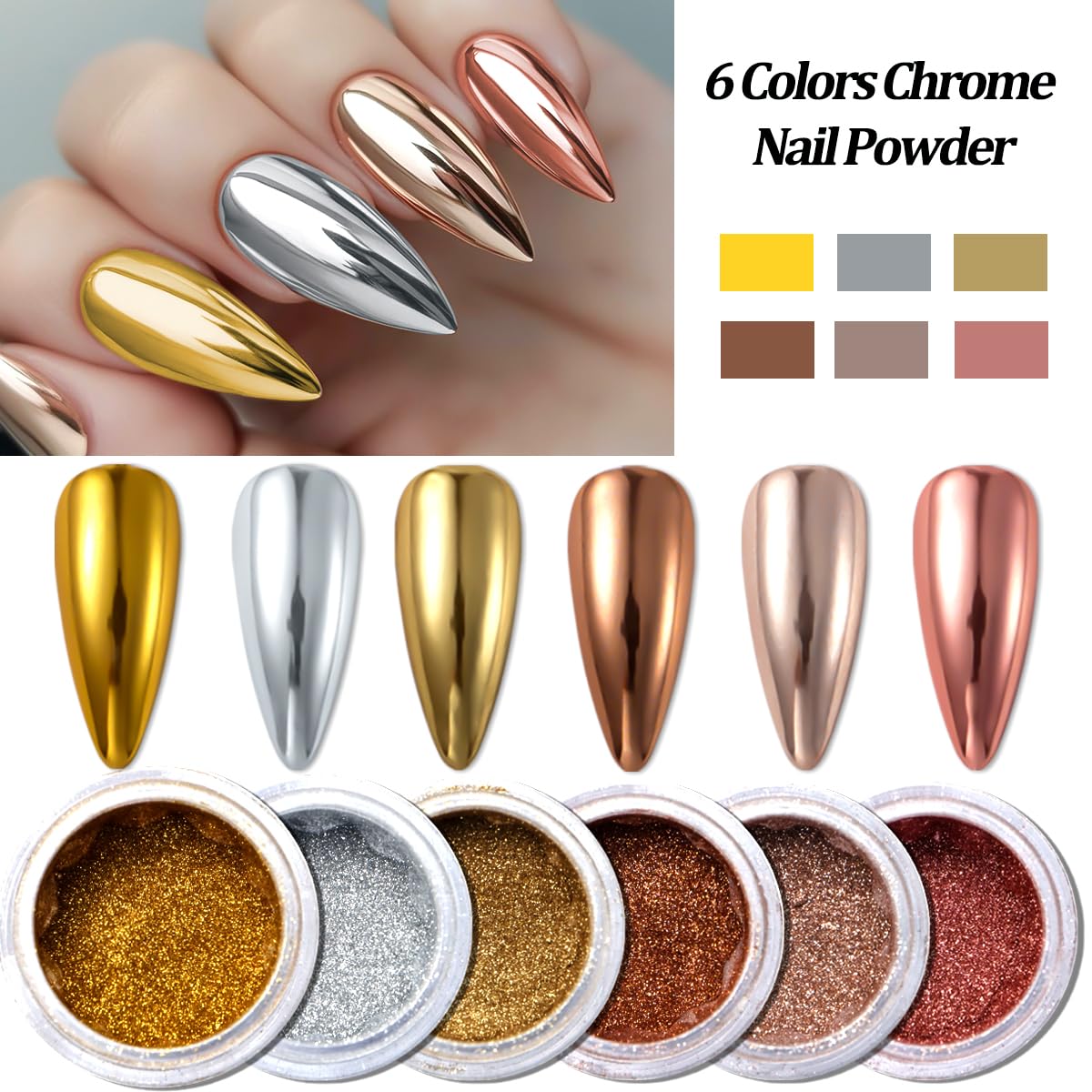 Chrome Nail Powder Metallic Gold And Silver, Magic Mirror Effect Pigment Glitter Rubbing Dust, 3D Carving Nail Molding Gel & Holographic Dip Nail Powder Kit for Nail Decor Home Manicure DIY-BrightBean Baby