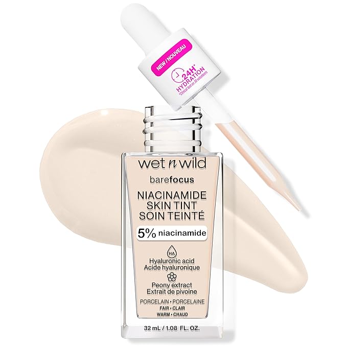 wet n wild Bare Focus Skin Tint, 5% Niacinamide Enriched, Buildable Sheer Lightweight Coverage, Natural Radiant Finish, Hyaluronic & Vitamin Hydration Boost, Cruelty-Free & Vegan - Porcelain-BrightBean Baby