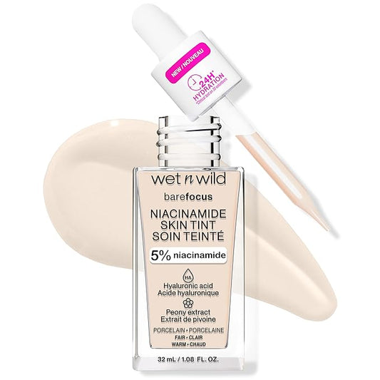 wet n wild Bare Focus Skin Tint, 5% Niacinamide Enriched, Buildable Sheer Lightweight Coverage, Natural Radiant Finish, Hyaluronic & Vitamin Hydration Boost, Cruelty-Free & Vegan - Porcelain-BrightBean Baby