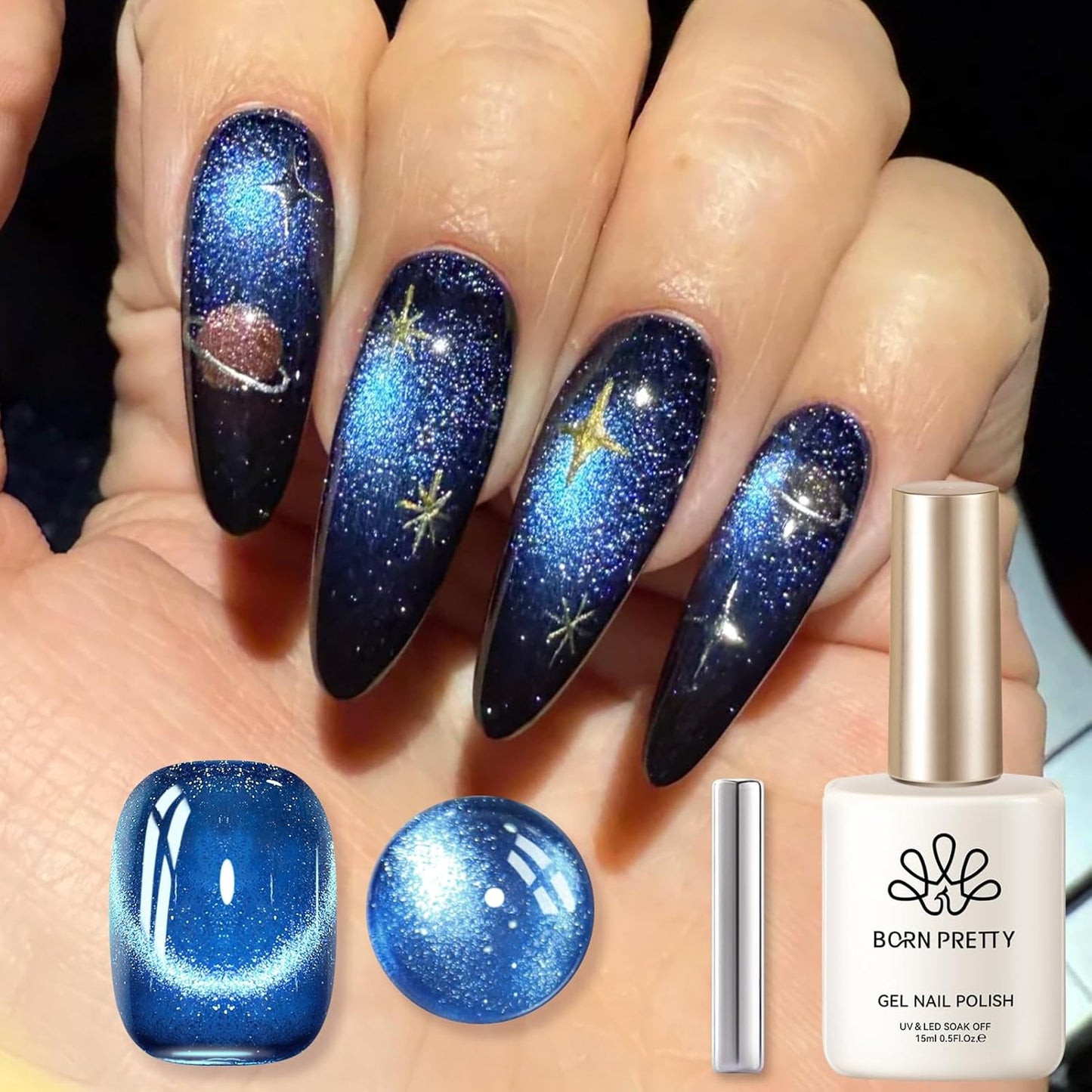 Born Pretty Cat Magnetic Eye Gel Nail Polish, Royal Blue Glitter Cat Magnetic Gel Nail Polish, Holographic Magnetic Nail Polish for Nail Art Manicure Salon DIY at Home 15ML-BrightBean Baby