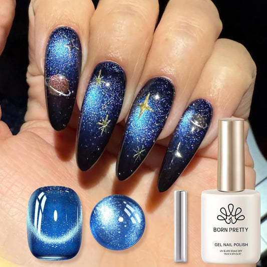 Born Pretty Cat Magnetic Eye Gel Nail Polish, Royal Blue Glitter Cat Magnetic Gel Nail Polish, Holographic Magnetic Nail Polish for Nail Art Manicure Salon DIY at Home 15ML-BrightBean Baby