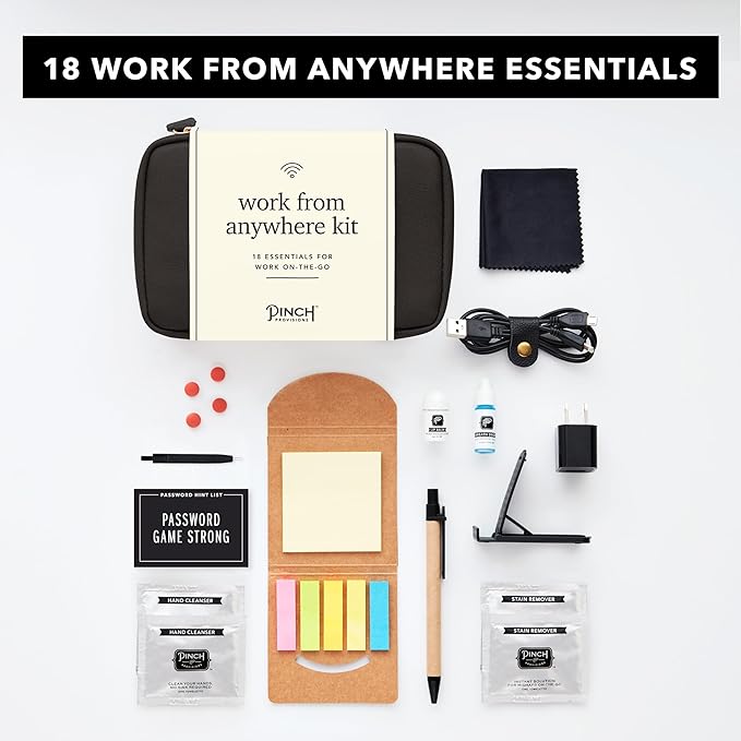 Pinch Provisions Work from Anywhere Kit, Includes 18 Essentials to Help You Stay on Task, Must-Have Essentials, Compact Multi-Functional Vegan Leather Pouch, Black-BrightBean Baby