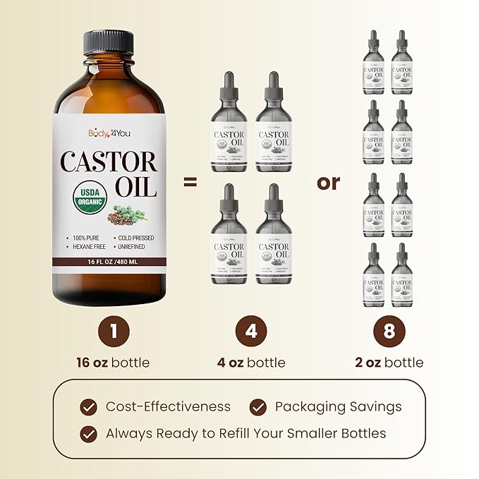 BodyJ4You Castor Oil for Eyelashes Eyebrows - 100% Pure Natural USDA Organic Cold Pressed - Hydrating Skin Hair Growth Oil Lashes Scalp - Non-GMO Hexane Free Unrefined Carrier - Glass Bottle 16 Fl Oz-BrightBean Baby