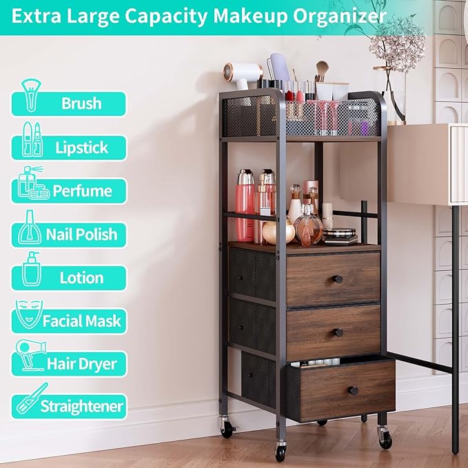 HapiRm Rolling Makeup Cart Organizer - Floor Skincare Make Up Storage with 3 Drawers, Vanity Organizer Cosmetic Display Cases Holder for Skin Care Perfume Nail Polish Brush Hair Tool-BrightBean Baby
