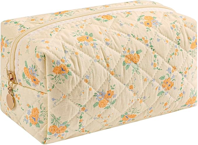 Makeup Bag Travel Cosmetic Bag for Women Girls, Zipper Make Up Pouch, Floral Flowers Toiletry Organizer Makeup, Portable Storage Bag, Cosmetic Travel Cloth Bag (Yellow Orange Flower)-BrightBean Baby