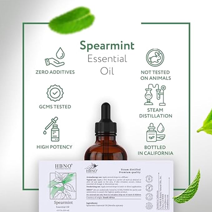 HBNO Spearmint Essential Oil - Huge 4 oz (120ml) Value Size - Natural Spearmint Oil - Perfect for Cleaning, Aromatherapy, DIY, Soap & Diffuser -BrightBean Baby