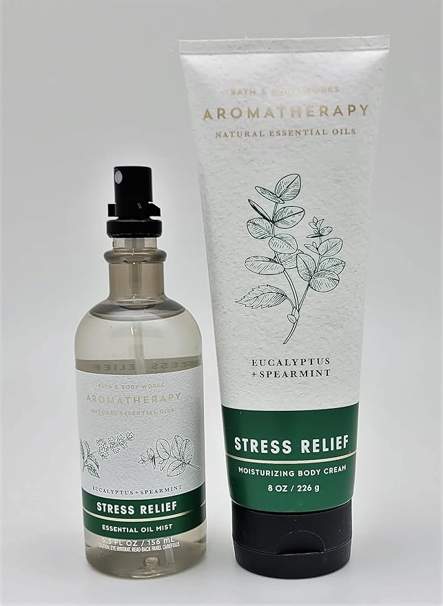Bath & Body Works - Aromatherapy - Eucalyptus Spearmint – Stress Relief - 2 pc Bundle - Essential Oil Mist- 5.3 fl oz - & Body Cream - 8 oz-BrightBean Baby