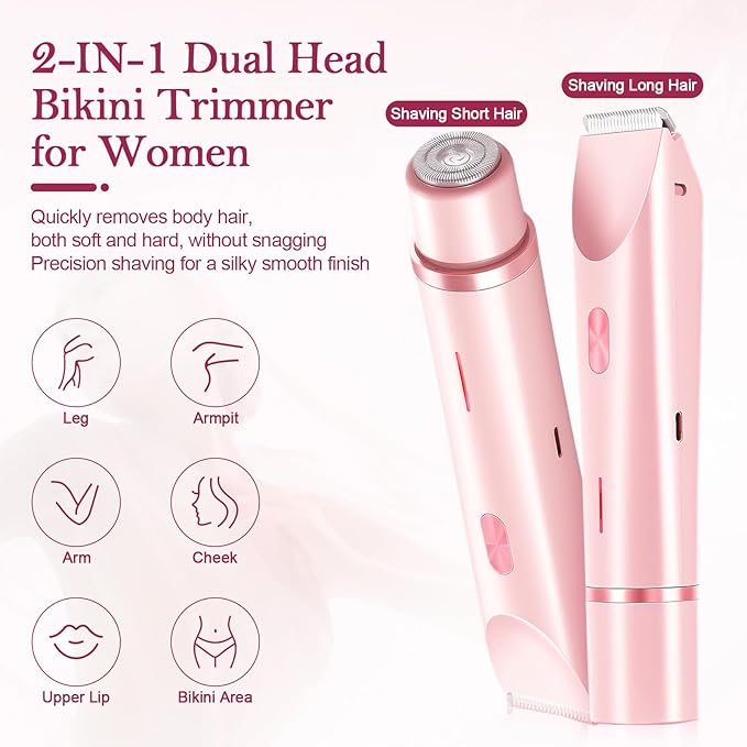 Dermave Bikini Shaver 2.0, 2025 New Glow Aura Bikini Trimmer for Women, 2 in 1 Dual Head Electric Razors for Women, IPX7 Waterproof Wet & Dry Electric Shaver, Rechargeable Portable Body Shaver (Pink)-BrightBean Baby