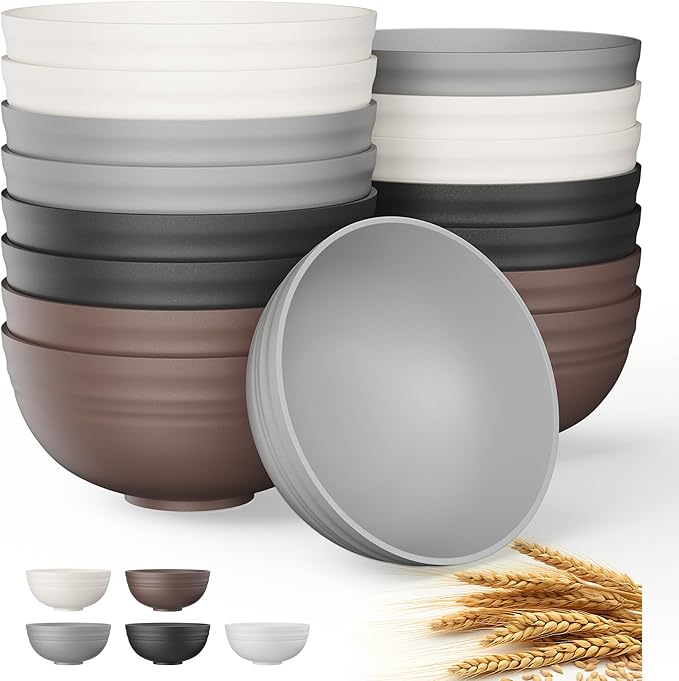 Quatish 16 PCS Unbreakable Cereal Bowls,Dishwasher & Microwave Safe Wheat Straw Bowls, Easy-to-Clean Lightweight Snack & Soup Bowl,Multi-Color Portable for Picnics Plastic Bowls Set, Brown
