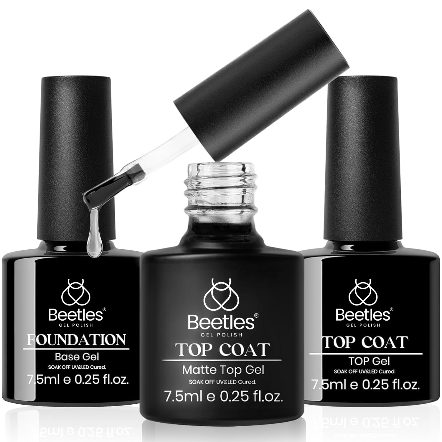 Beetles Matte Top Coat Gel Nail Polish Gel Top Coat & Base Set, 3Pcs Matte & Shiny Top Coat Nail Polish and Base Coat, No Wipe Long Lasting High Gloss and Matte Effects Soak off Uv DIY at Home-BrightBean Baby