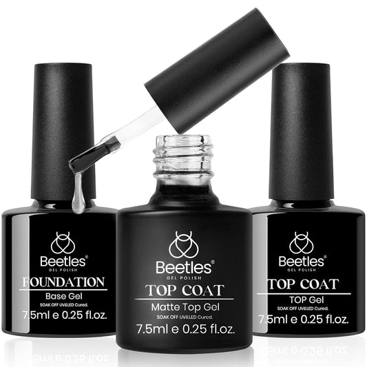 Beetles Matte Top Coat Gel Nail Polish Gel Top Coat & Base Set, 3Pcs Matte & Shiny Top Coat Nail Polish and Base Coat, No Wipe Long Lasting High Gloss and Matte Effects Soak off Uv DIY at Home-BrightBean Baby