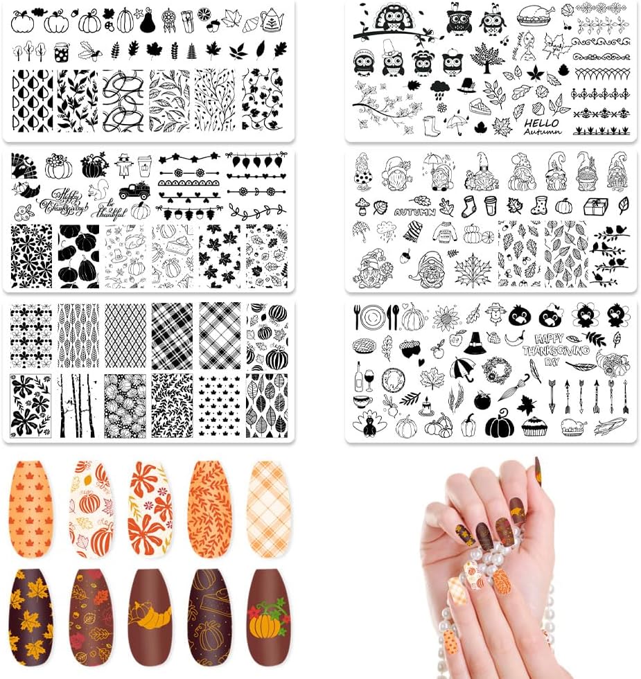 ALIBBON 6 Pcs Fall Nail Stamping Plates Set, Leaves Background Nail Art Stamp Templates, Pumpkin Gnome Stamp Templates Kit, Happy Thanksgiving Day Metal Nail Plates for DIY Printing Decor 4.7×2.4"-BrightBean Baby