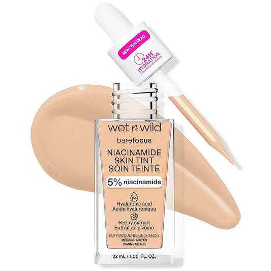 wet n wild Bare Focus Skin Tint, 5% Niacinamide Enriched, Buildable Sheer Lightweight Coverage, Natural Radiant Finish, Hyaluronic & Vitamin Hydration Boost, Cruelty-Free & Vegan - Buff Bisque-BrightBean Baby