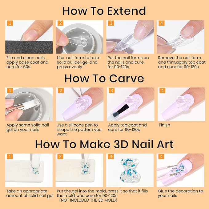 MIZHSE Solid Builder Gel - 1 oz Clear Non Stick Hand Hard Gel with 6 Colors Chrome Nail Powder and Nail Form Extension Kit for Salon and Home DIY-BrightBean Baby