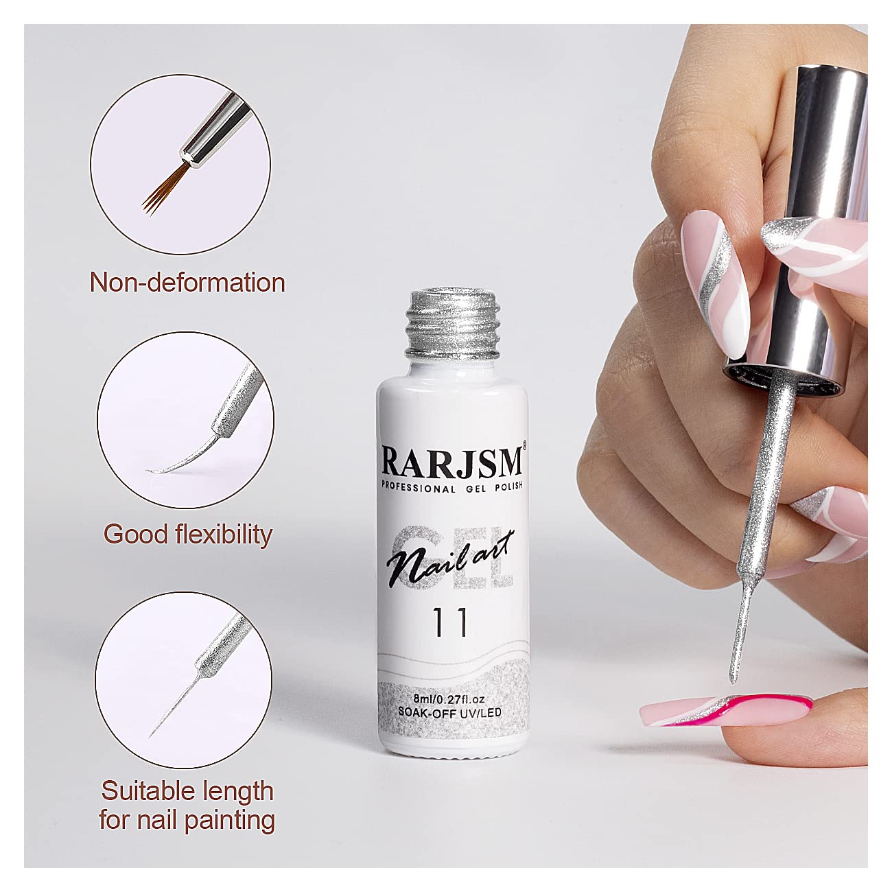 RARJSM Gel Liner Nail Art Silver Gold Glitter Nail Design Polish Painted Gel Nail Polish Set 2Pcs Soak off Curing Requires 8ml Build in Thin Brush for Home Salon Diy Nail Decoration Dotting Painting-BrightBean Baby