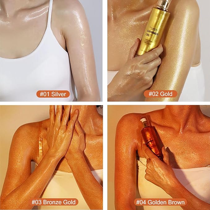 Shimmer Body Oil-Gold Face Brighten Glow Pearl Highlighter Liquid Illuminator Body Glow Oil,4 Color Bronze Makeup Glitter Body Shimmer Oil with Makeup Brush-BrightBean Baby