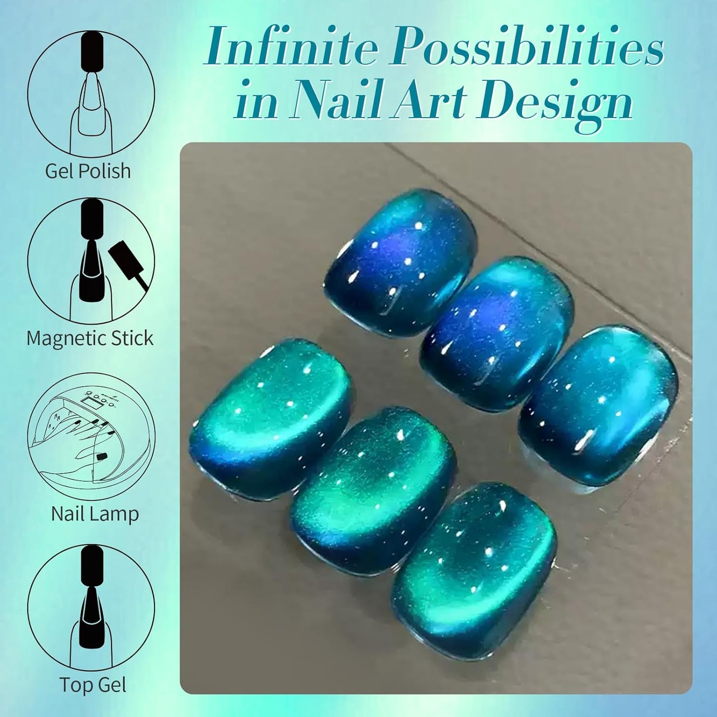 Born Pretty Cat Magnetic Gel Nail Polish, Sea Blue Crystal Cat, Holographic Magnetic Nail Art Manicure Salon DIY at Home 15ML-BrightBean Baby