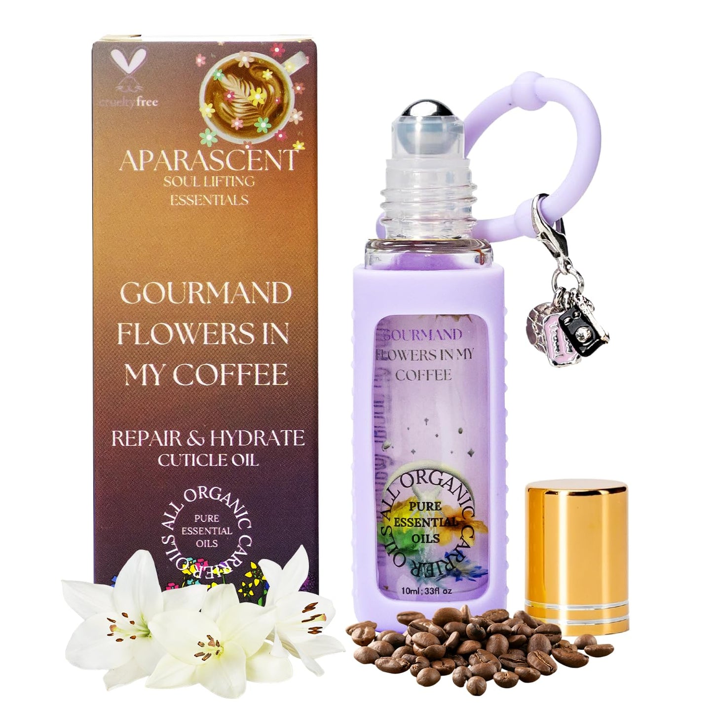 Gourmand Flowers in My Coffee Organic Nail Cuticle Oil Pen with Jojoba, Coconut MCT, and Rosehip for Nail Hydration, Growth & Strength, Travel Size Keychain(0.34 Fl Oz)-BrightBean Baby