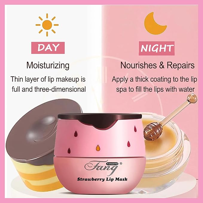 1 PCS Bee Lip Balm Lip Mask Honey Pot, Strawberry Moisturizing Sleeping Lip Mask Overnight with Sticks, Lip Balm Honey Pot Lip Balm Hydrating Prevention Dry and Crack Lip Scrubs Exfoliator-BrightBean Baby
