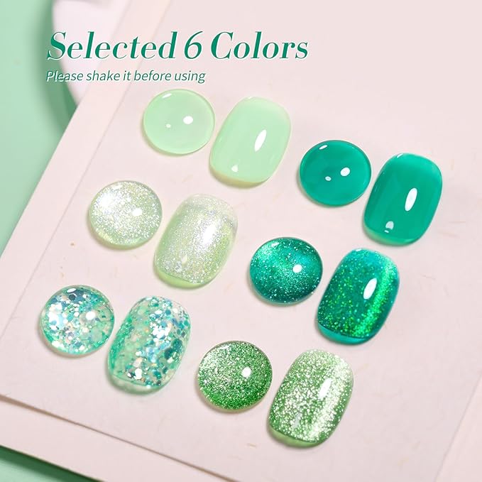 Born Pretty Gel Nail Polish Green Series,Jelly Transparent Gel Nail Polish, Cat Magnetic Eye,Shimmer Glitter Holographic Green Gel Polish Kit for Salon Manicure and Nail Art DIY at Home 6PCS 7ml-BrightBean Baby