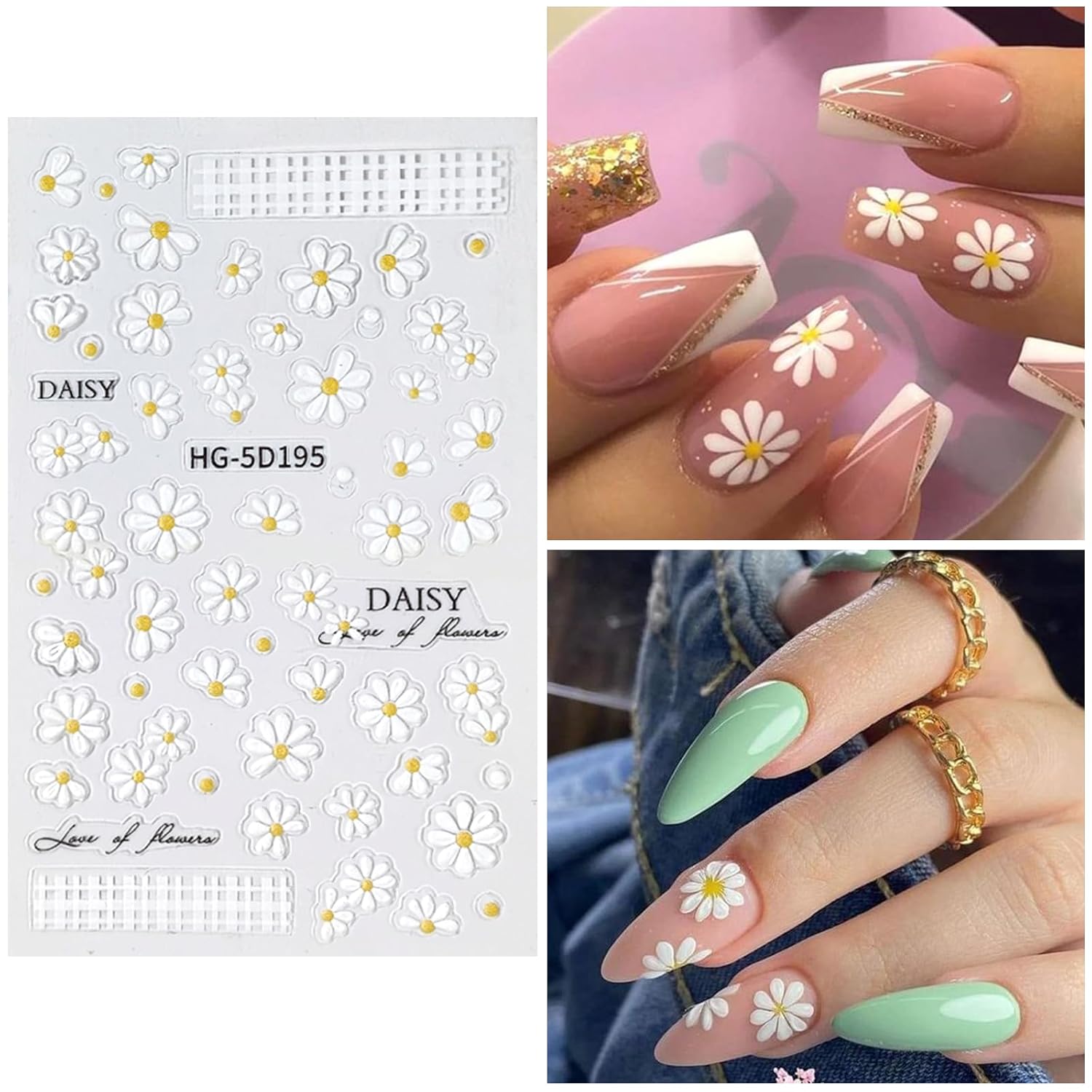 Flower Nail Art Stickers 7 Sheets 5D Nail Decals Spring Summer Nails Art Design 3D Self-Adhesive Supplies White Yellowe Daisy Flower Nails Decoration for Women DIY Design-BrightBean Baby
