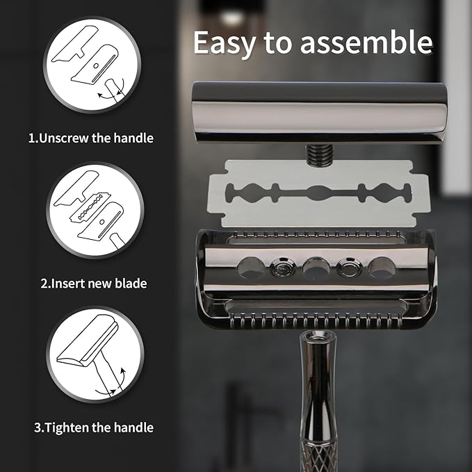 Shiny Gun Black Double Edge Safety Razor, Single Blade Razors for Men and Women, with 10 Stainless Steel Safety Razor Blades, Reusable, Smooth and Close Wet Shaving Kit, Plastic Free-BrightBean Baby