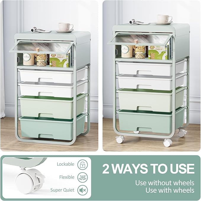 Utility-Rolling-Storage-Drawer-Craft-Cart-Organizers with 4 Drawers & Dust-proof Door for Kid Craft Art Room,Bedroom,Home Office, 4 Tiers Drawer cart, Green-BrightBean Baby