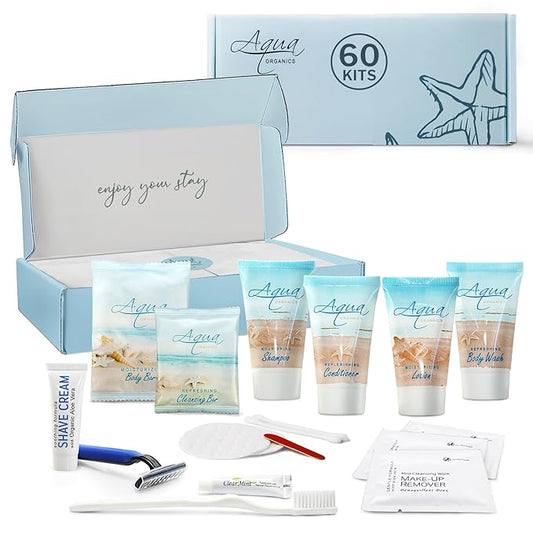 Aqua Organics Amenity & Accessory Kit|1oz Travel Size Shampoo,Conditioner,Lotion,Body Wash,Body Bar, Cleansing Bar, Shave & Dental Sets, Make-Up Remover Wipes & Vanity Kit|60 sets-BrightBean Baby