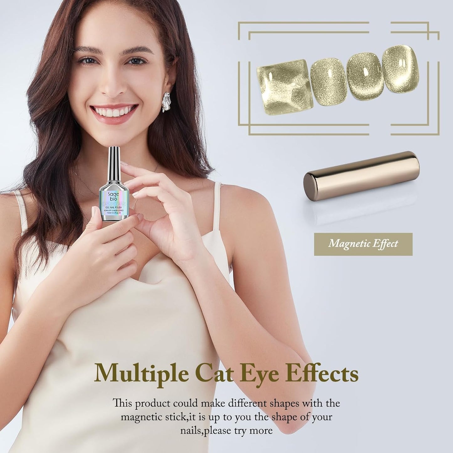 Cat Eye Gel Nail Polish with Magnet Stick, 15ml Glitter Holographic Nail Polish, Magnetic Effect Gel for Home DIY Manicure Gift, Brown Gold-BrightBean Baby