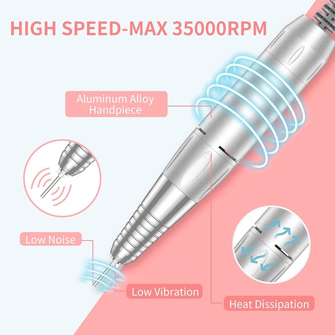Portable Nail Drill Professional 35000 RPM, MOCOWIND Rechargeable Electric Nail File Machine for Acrylic Nails Gel Polishing Removing, Cordless E-File with Bits Kit for Manicure Salon Home, White-BrightBean Baby
