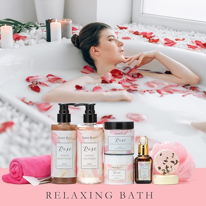Spa Gifts for Women，10pcs Self Care Kit ROSE Scented with Facial Cleanser, Scrub Body Wash, Facial Clay Mask, Facial, Essential Oil, Birthday Gifts Skin Care Set, Mothers Day Gifts Ideas-BrightBean Baby
