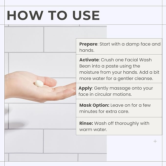 3-in-1 Solid Facial Cleanser, Exfoliator, and Wash-off Mask - Vegan, Cruelty-Free, Plastic-Free, Travel-Friendly, 1 Month Supply (60 Crushable Tablets) in Tin (Calming Beans in Tin)-BrightBean Baby