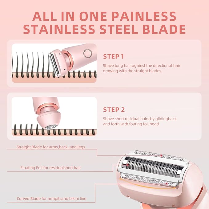 Womens Electric Shaver, 2 in 1 Razor for Women, Wet & Dry Electric Waterproof Razor with LED Display, Cordless Bikini Trimmer for Sensitive Skin, Painless Hair Removal-BrightBean Baby