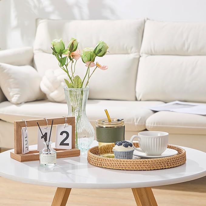 Round Rattan Tray with Mother of Pearl Inlay, Rattan Serving Tray with Wooden Base, Decorative Wicker Basket for Table Decor, Storage and Display of Coffee Bread Food Fruit (Checkerboard 13.5")