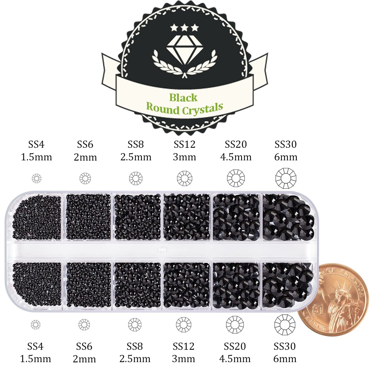One Pack 2000 Pcs of Flatback Round Black Rhinestones 6 Sizes (1.5-6 mm) with Nail Art Rhinestone Picker Pencil and Tweezers for DIY and Salon Use-BrightBean Baby